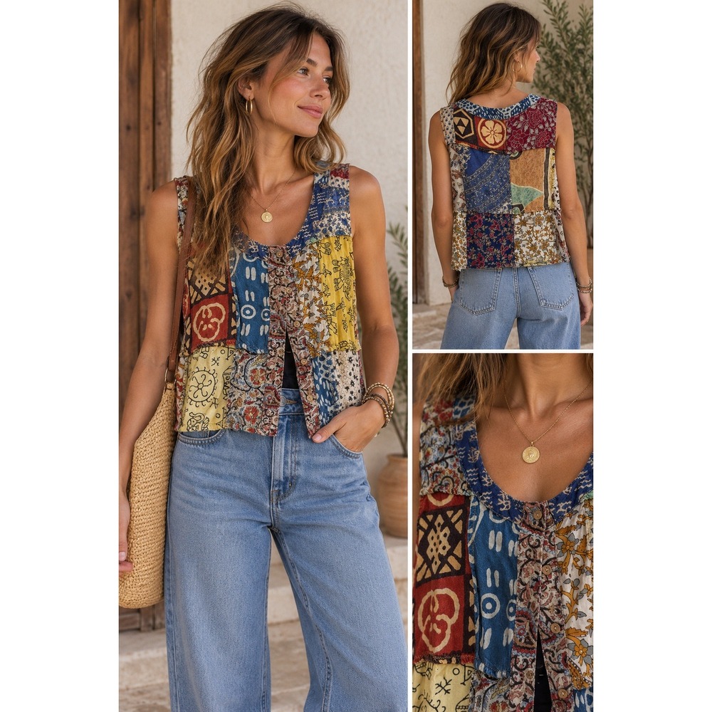 Sacred Threads Patchwork Vest Boho Hippie Festival Artisan India Cotton Top